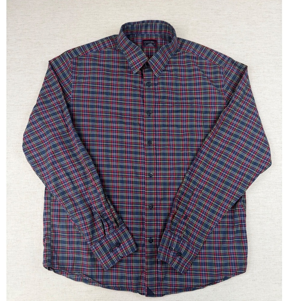 UNTUCKit Walker Road Mens Large Plaid Button Down Shirt Navy Blue Red Cotton